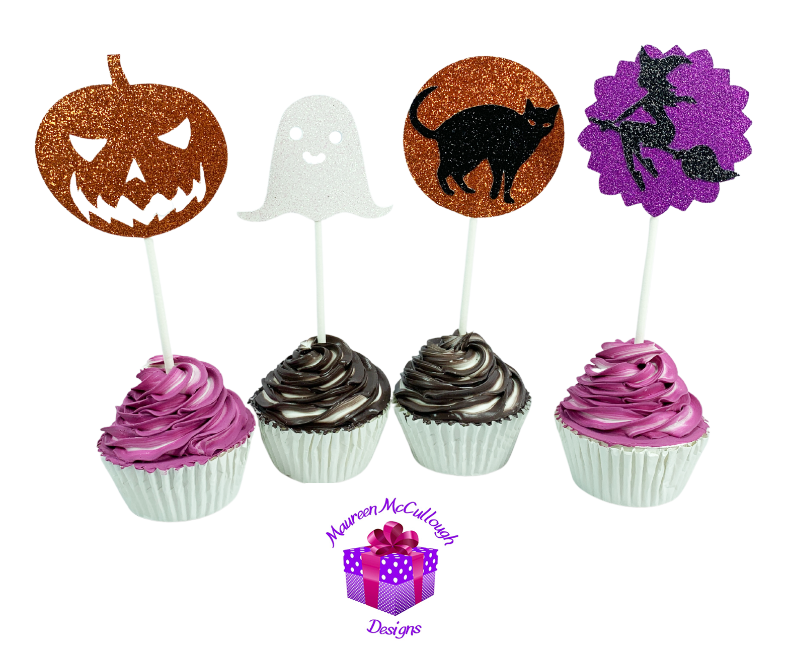 Halloween Cupcake Toppers Pumpkin Ghost Cat Witch Purple Moon Set 04