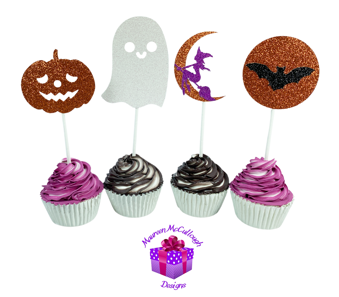 Halloween Cupcake Toppers Pumpkin Ghost Bat Witch Crescent Moon Set 05