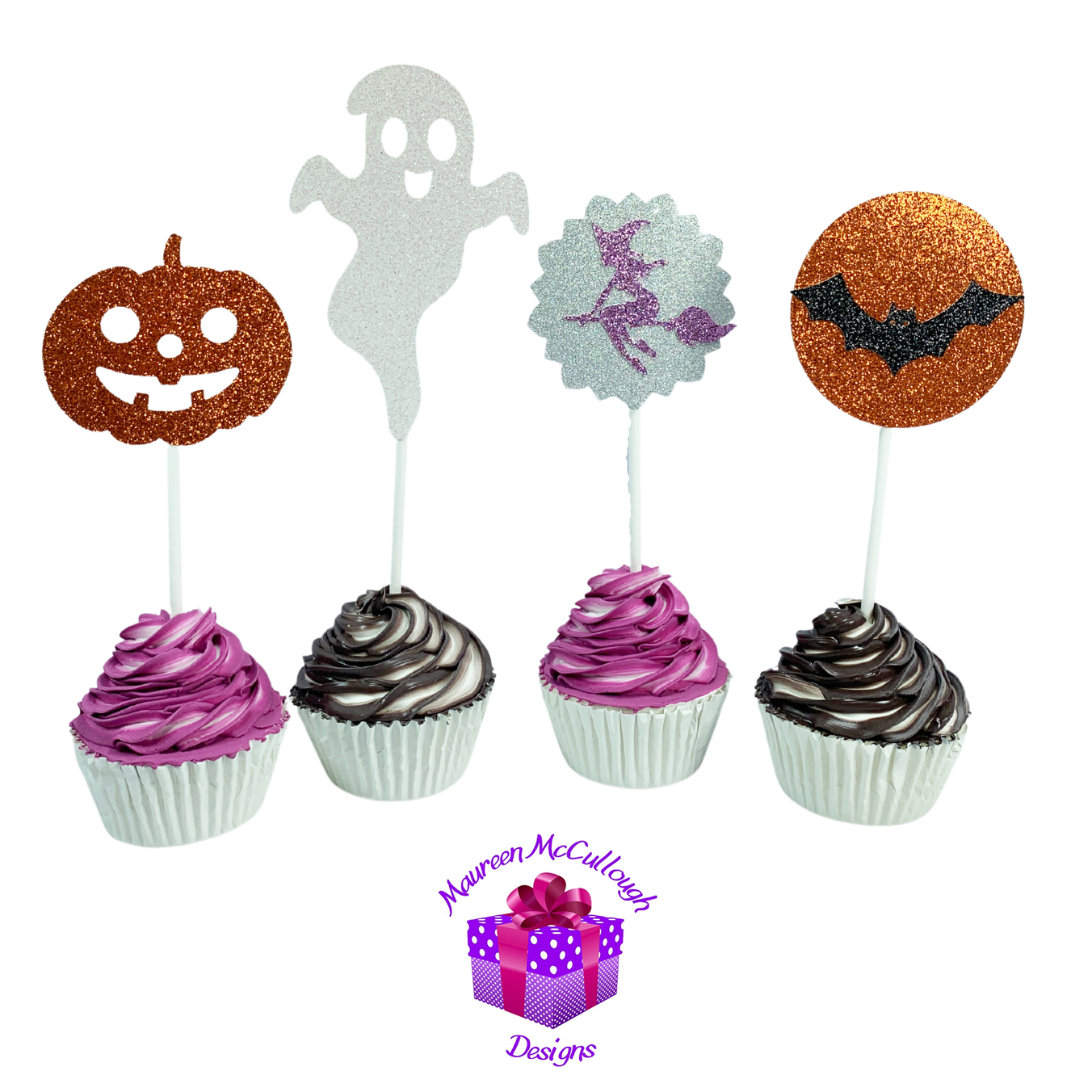 Halloween Cupcake Toppers Pumpkin Ghost Bat Witch Silver Moon Set 06