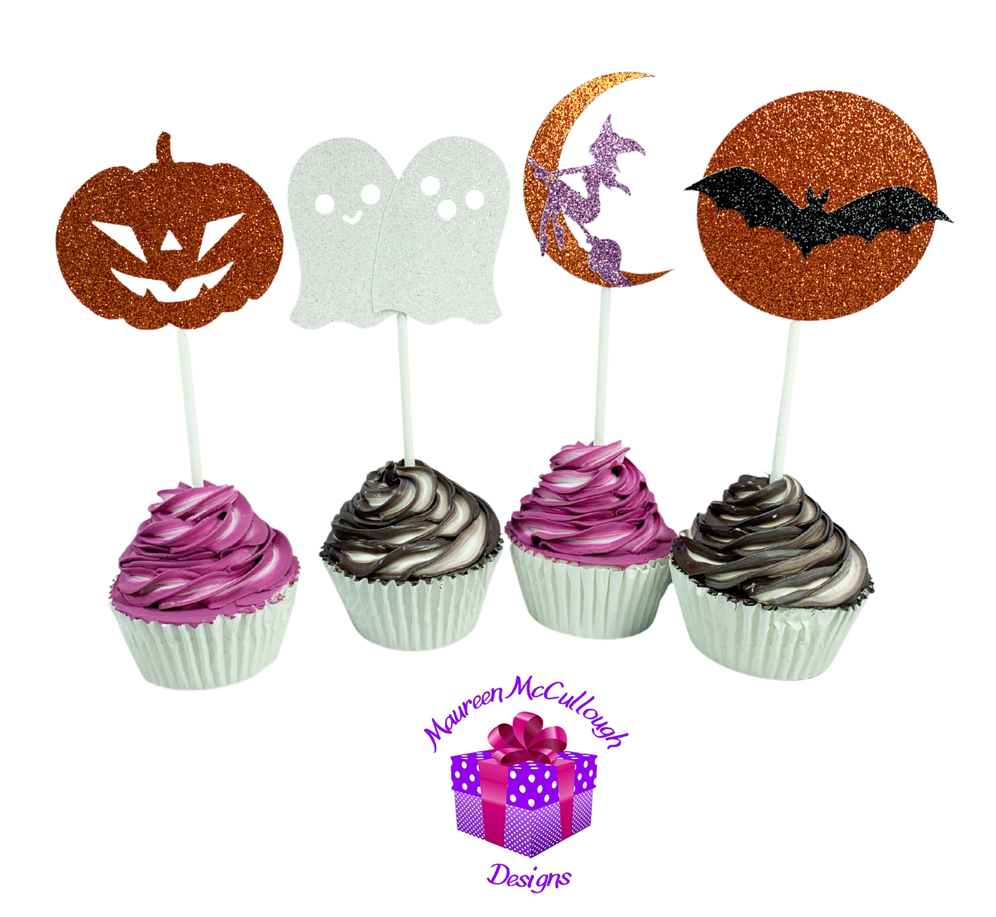 Halloween Cupcake Toppers Pumpkin Ghosts Bat Witch Crescent Moon Set 07