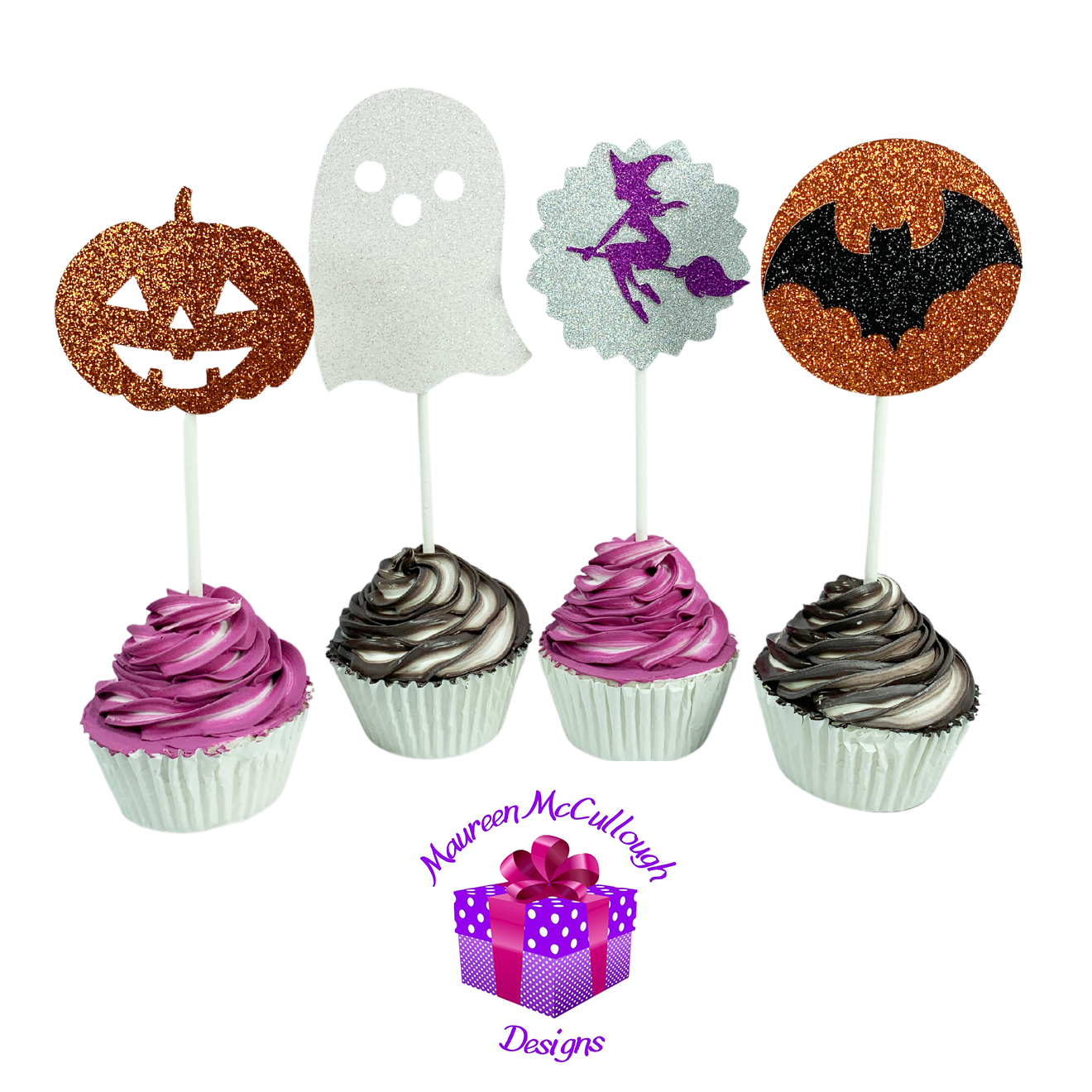 Halloween Cupcake Toppers Pumpkin Ghost Bat Witch Silver Moon Set 08