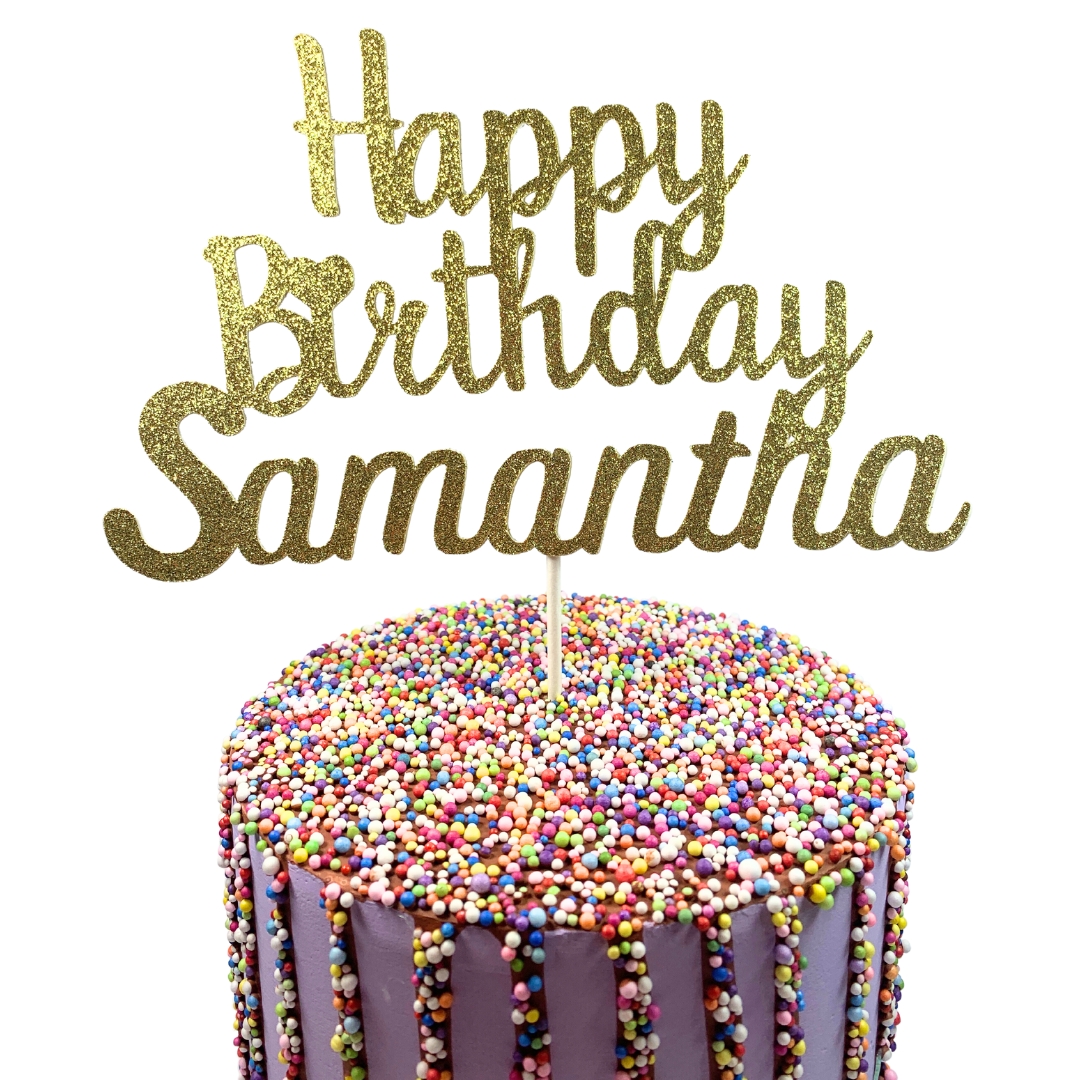 Happy Birthday Glitter Cake Topper – Personalized Any Name – Custom Color
