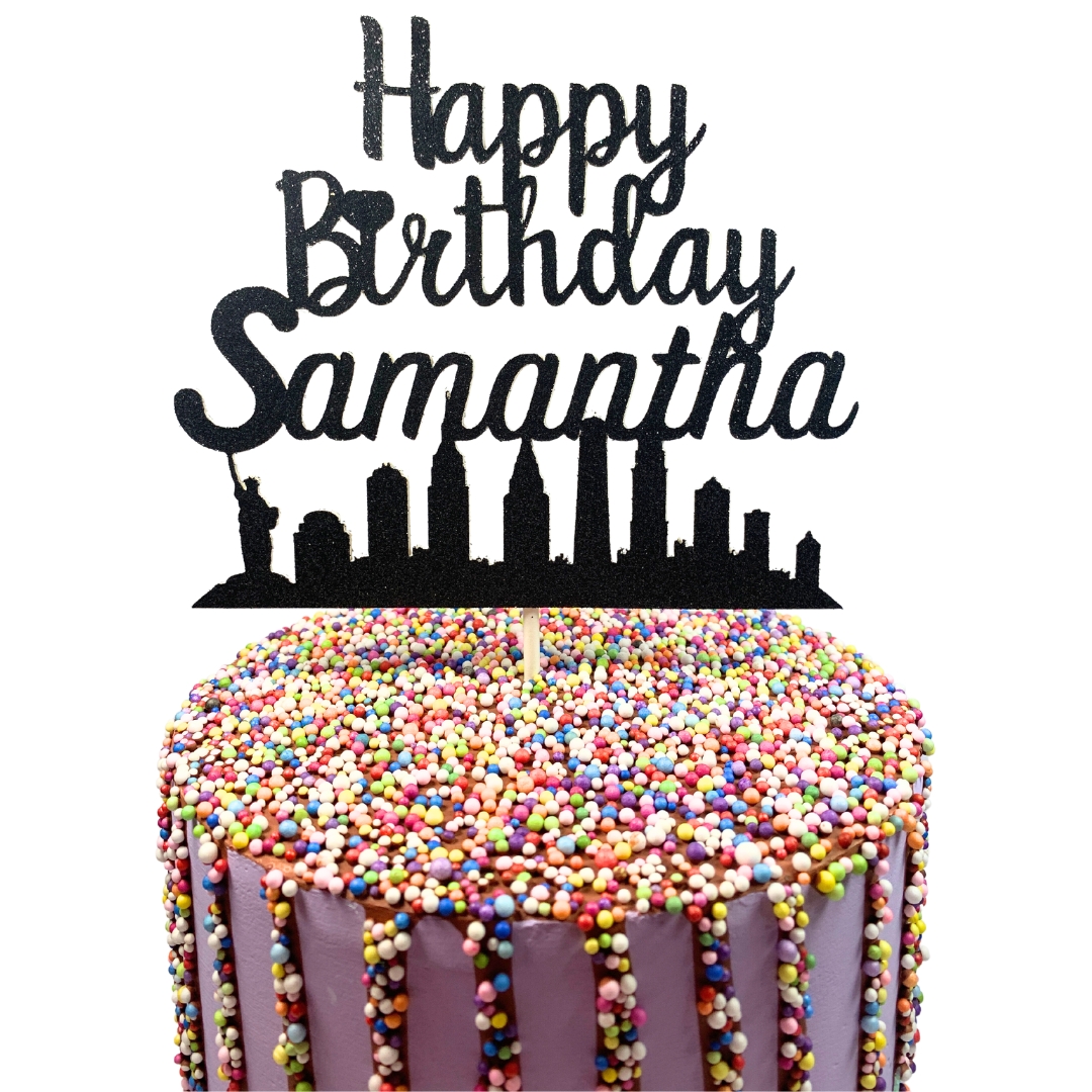 Happy Birthday Glitter Cake Topper – Personalized Any Name – NYC Skyline Design – Custom Color