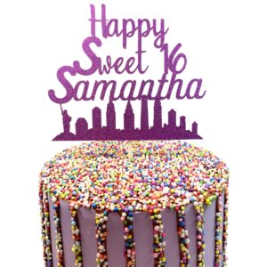 Happy Sweet 16 Glitter Cake Topper – Personalized Any Name – NYC Skyline Design – Custom Color