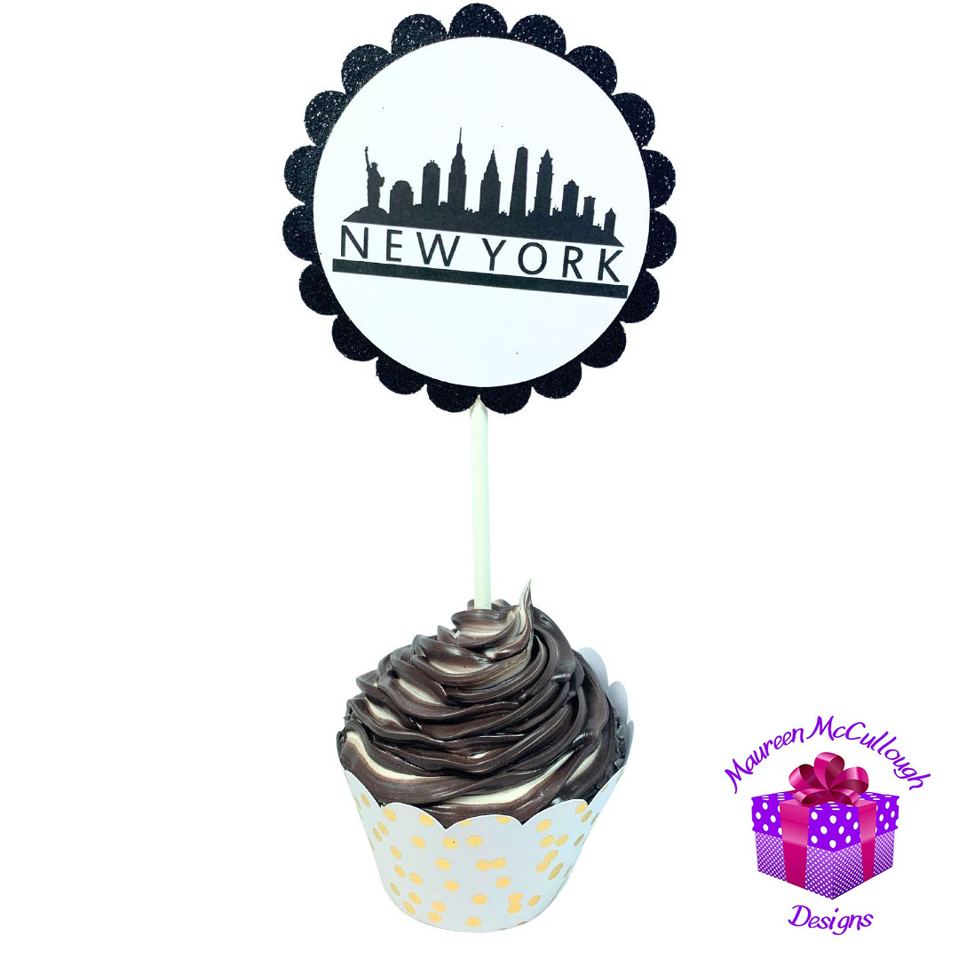 New York City Skyline Glitter Cupcake Toppers – Birthday Party Decorations – Set of 12
