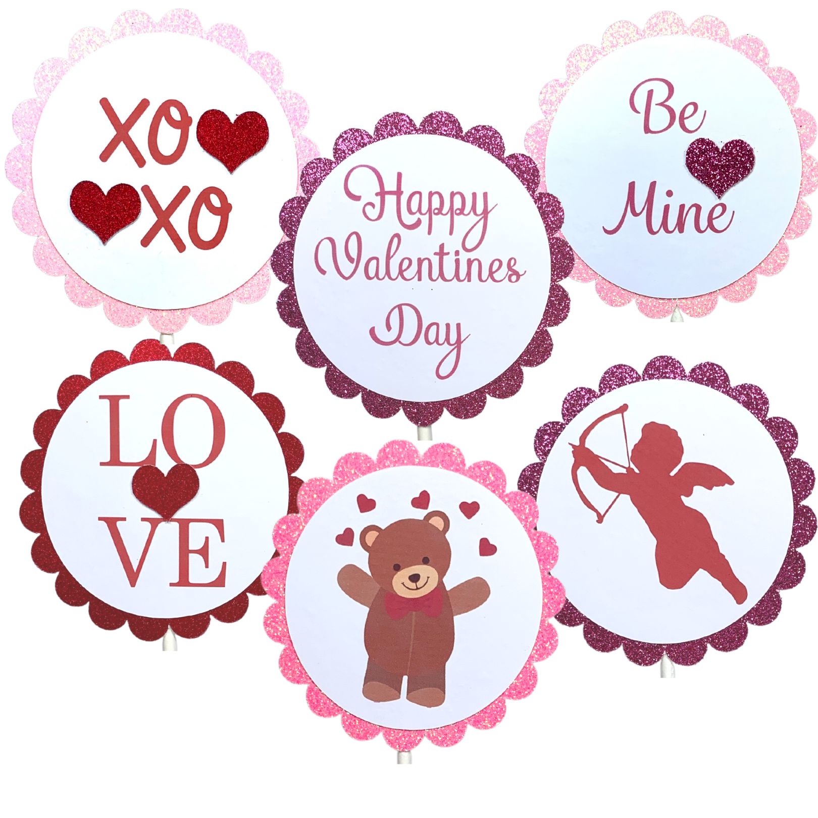 Valentines Day Cupcake Toppers XOXO Be Mine LOVE Cupid Set 01