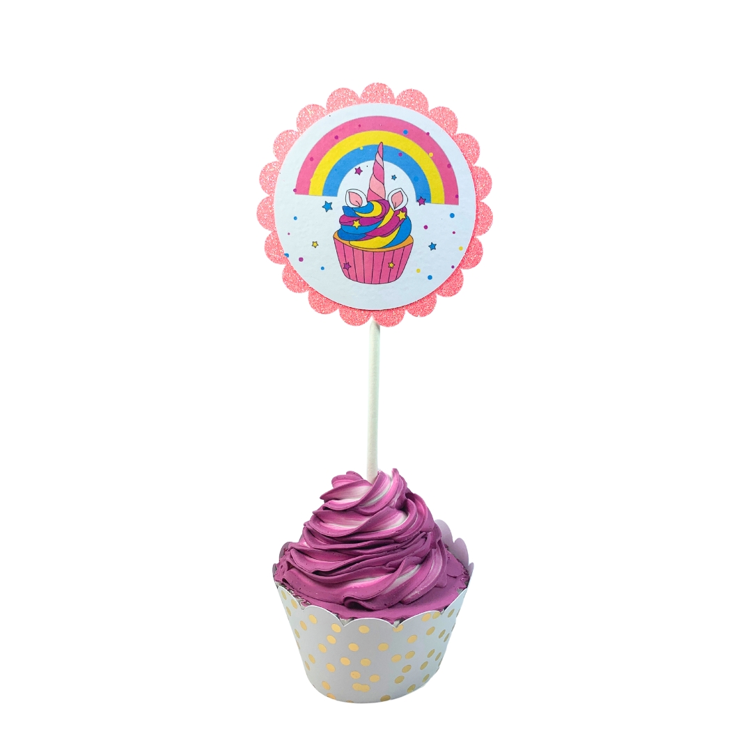 Unicorn & Lollipop Birthday Party Cupcake Toppers – Glitter Rainbow Theme