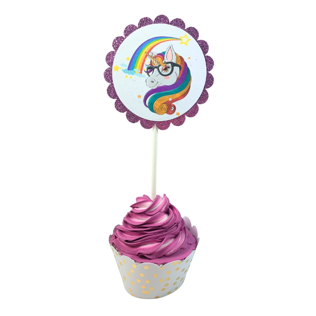 Unicorn & Lollipop Birthday Party Cupcake Toppers – Glitter Rainbow Theme