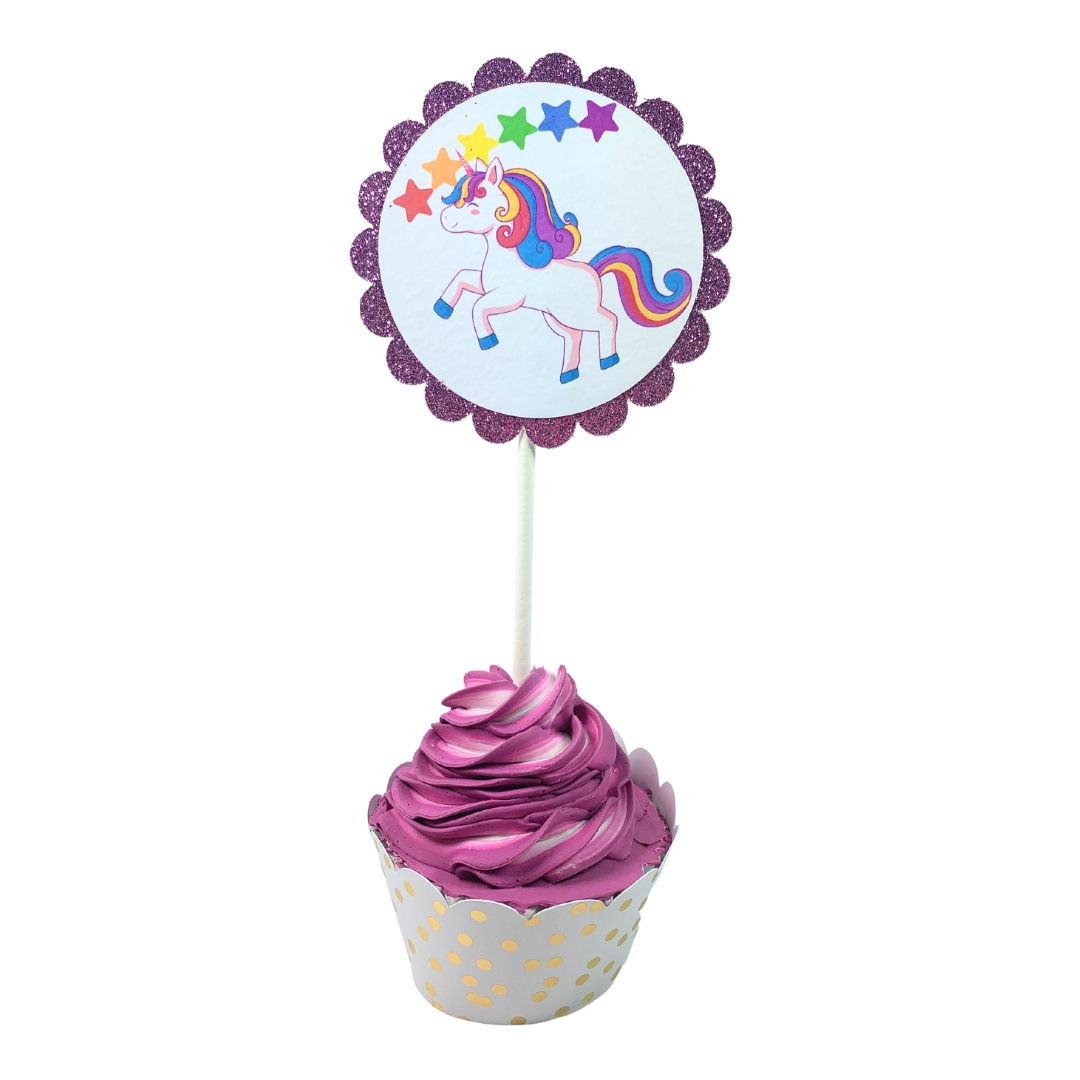 Unicorn & Lollipop Birthday Party Cupcake Toppers – Glitter Rainbow Theme