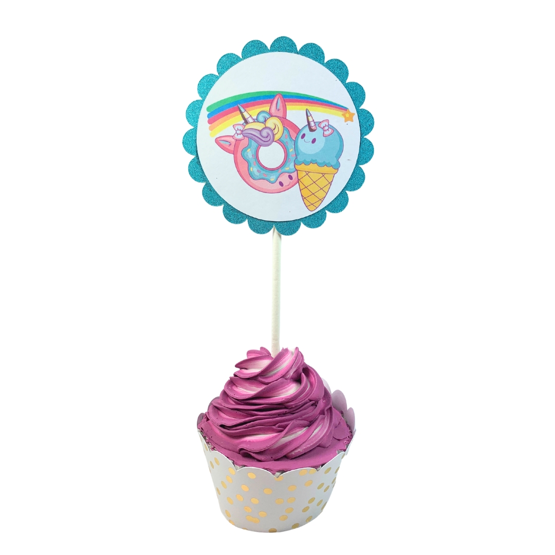 Unicorn & Lollipop Birthday Party Cupcake Toppers – Glitter Rainbow Theme