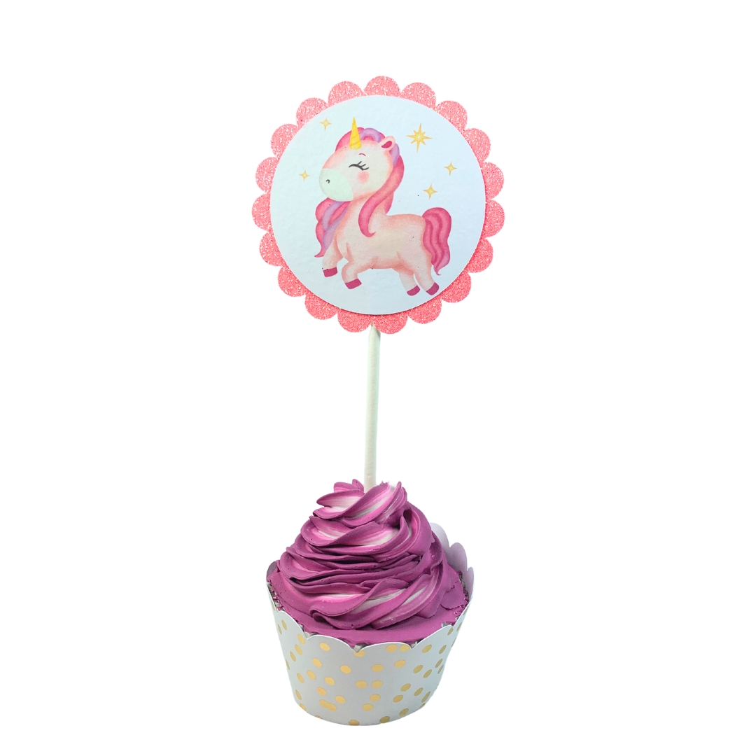 Unicorn & Lollipop Birthday Party Cupcake Toppers – Glitter Rainbow Theme Set 02