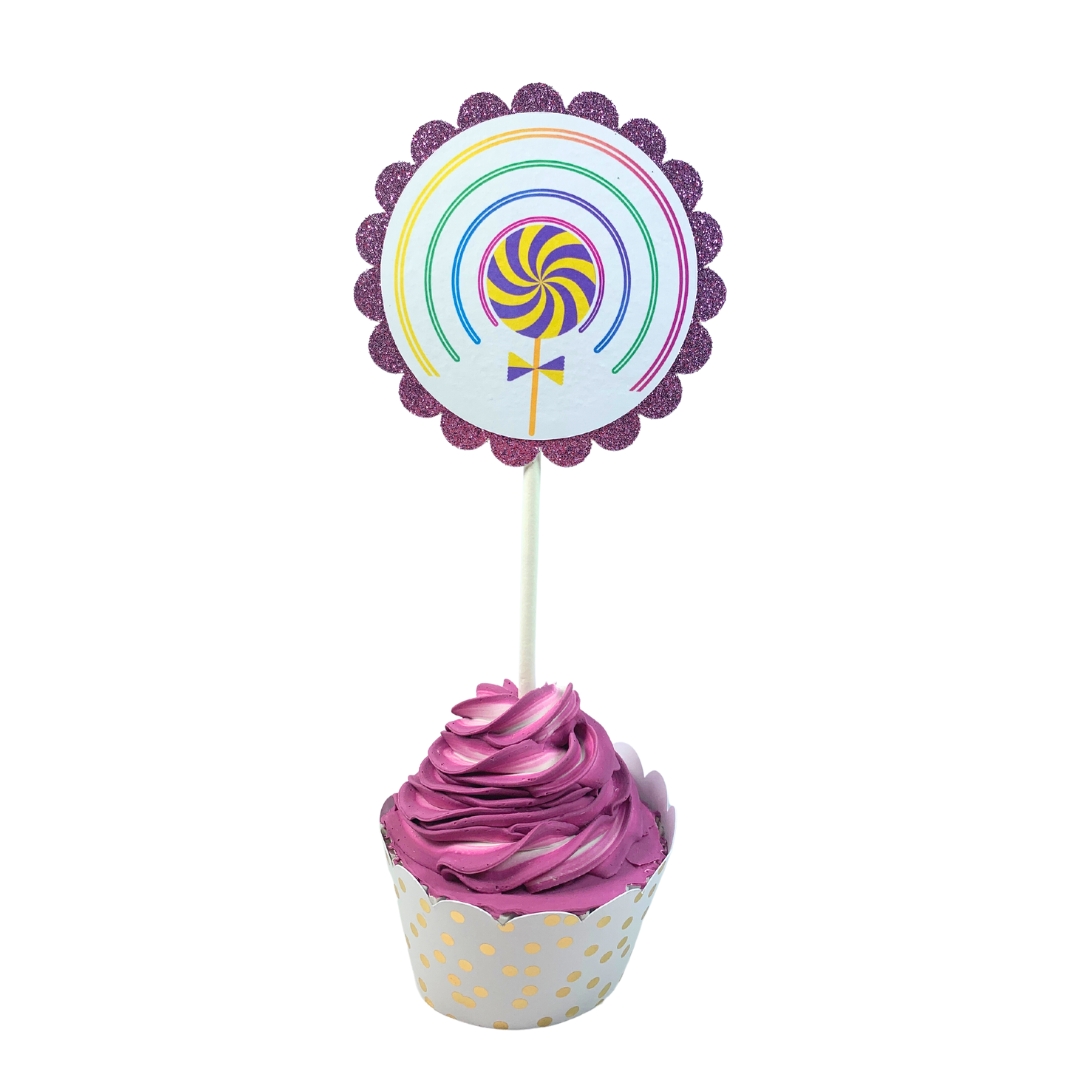 Unicorn & Lollipop Birthday Party Cupcake Toppers – Glitter Rainbow Theme Set 02