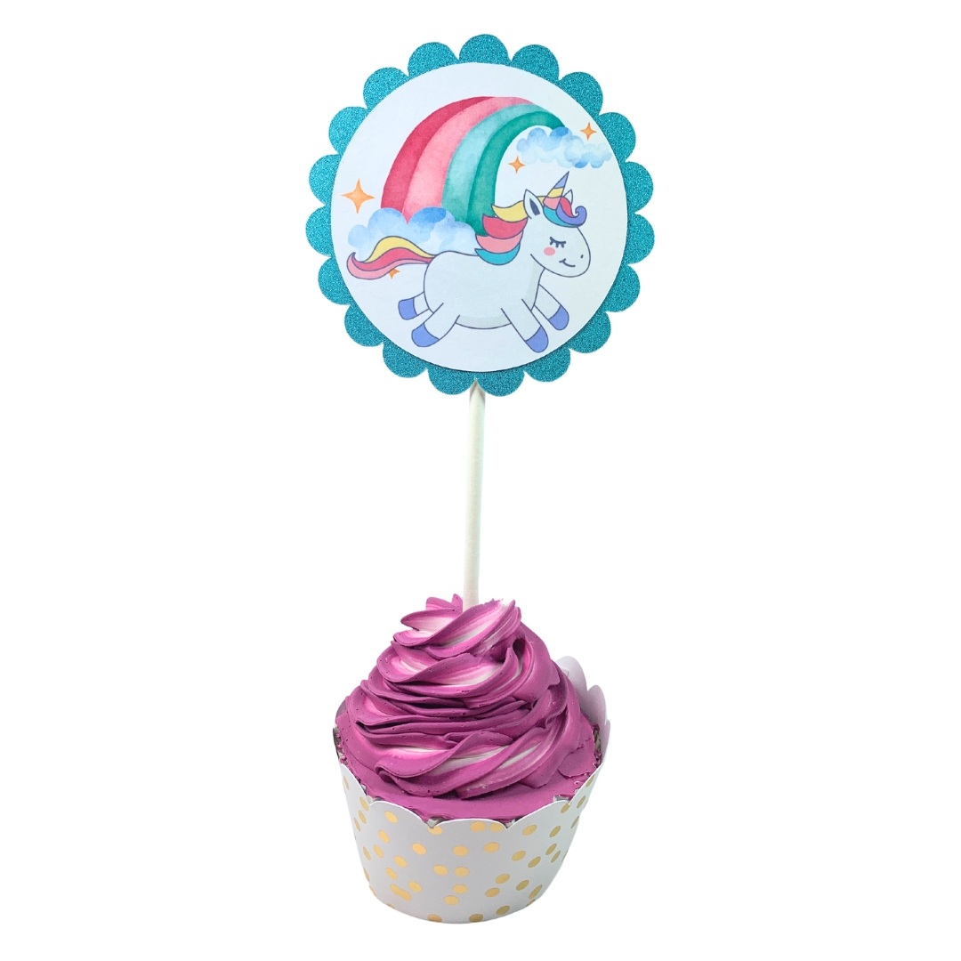 Unicorn & Lollipop Birthday Party Cupcake Toppers – Glitter Rainbow Theme Set 02
