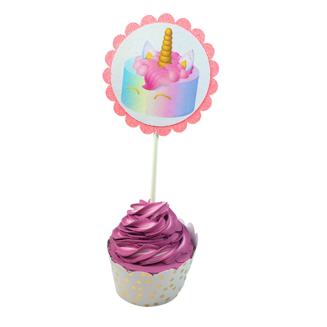 Unicorn & Lollipop Birthday Party Cupcake Toppers – Glitter Rainbow Theme Set 02