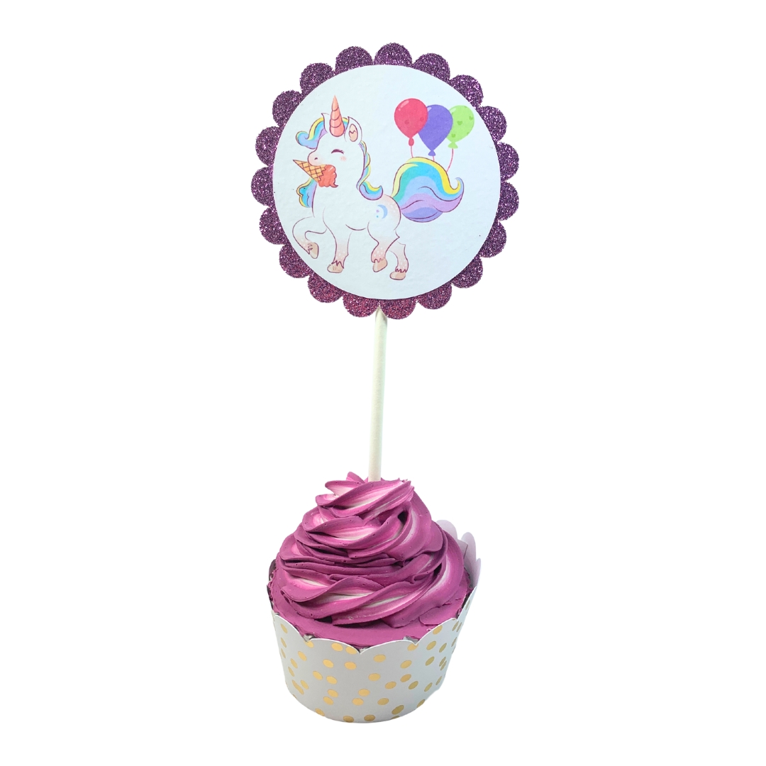 Unicorn & Lollipop Birthday Party Cupcake Toppers – Glitter Rainbow Theme Set 02