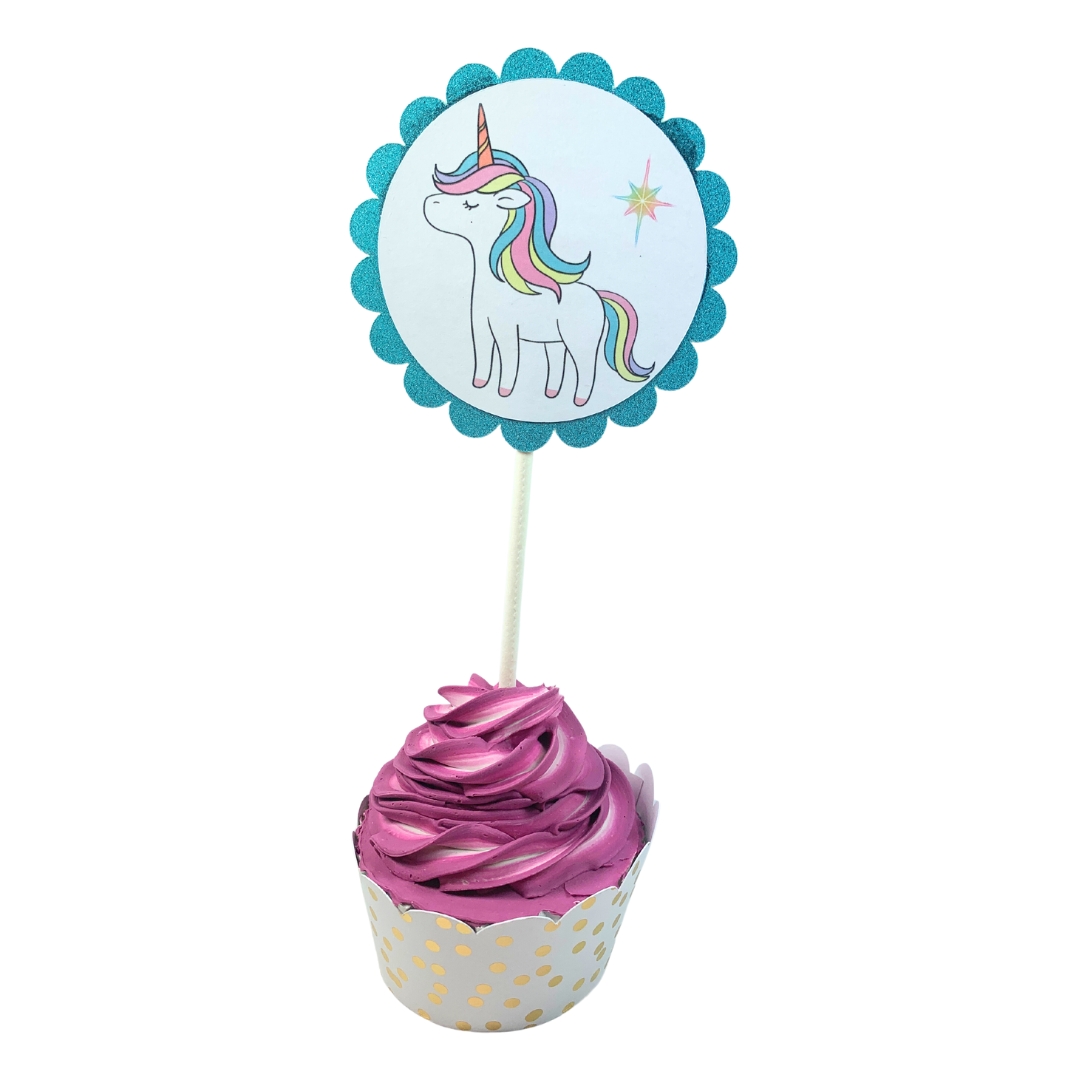 Unicorn & Lollipop Birthday Party Cupcake Toppers – Glitter Rainbow Theme Set 02