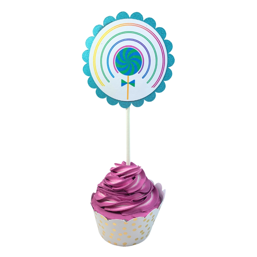 Unicorn & Lollipop Birthday Party Cupcake Toppers – Glitter Rainbow Theme Set 03