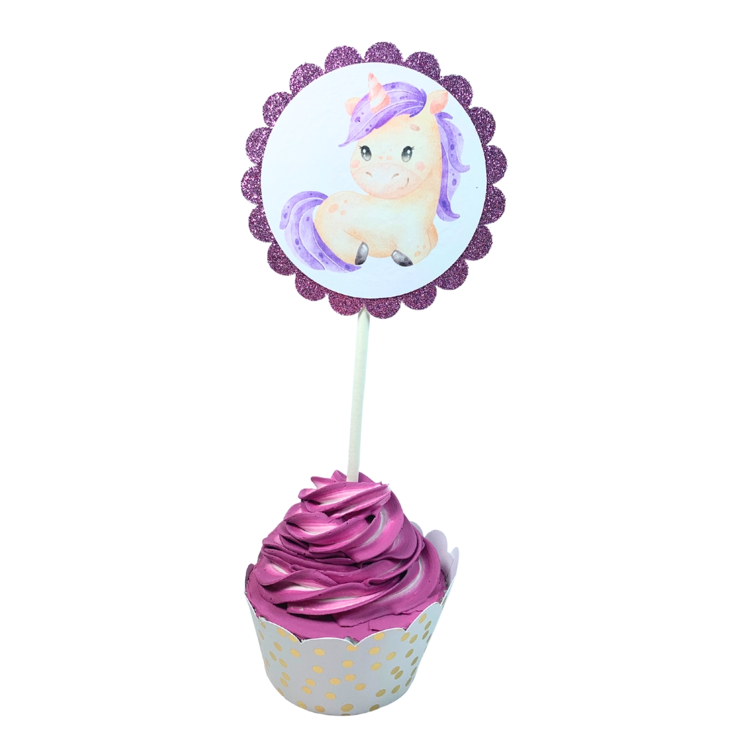 Unicorn & Lollipop Birthday Party Cupcake Toppers – Glitter Rainbow Theme Set 03