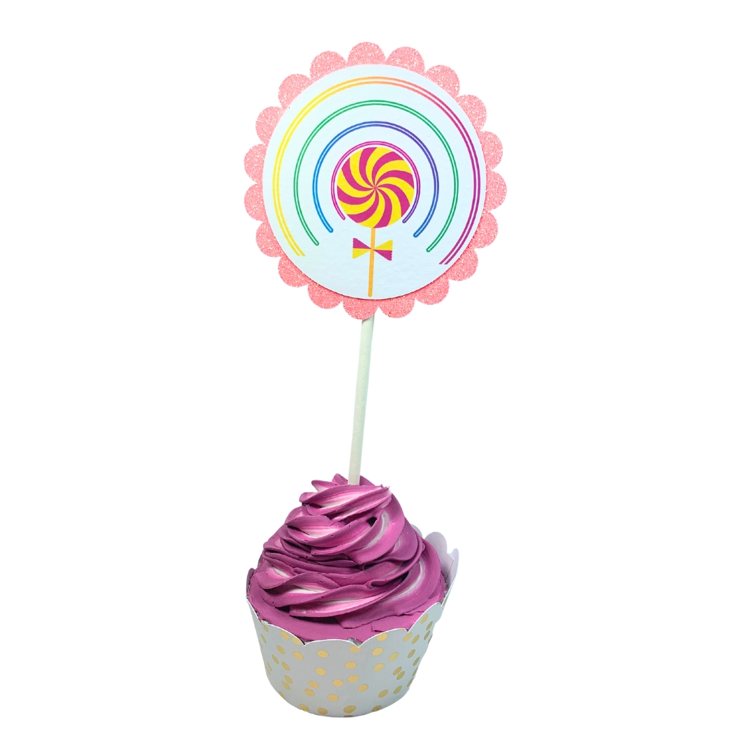 Unicorn & Lollipop Birthday Party Cupcake Toppers – Glitter Rainbow Theme Set 03