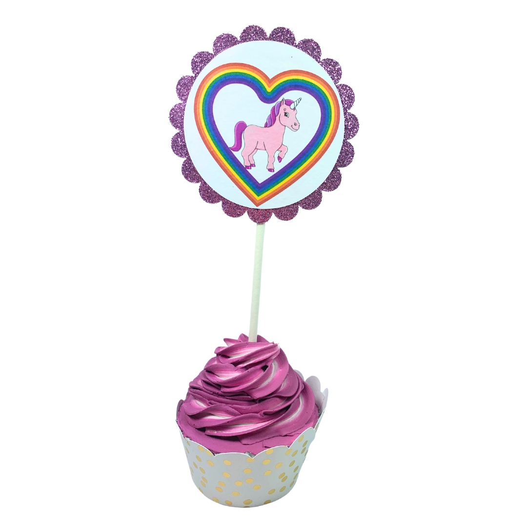 Unicorn & Lollipop Birthday Party Cupcake Toppers – Glitter Rainbow Theme Set 03
