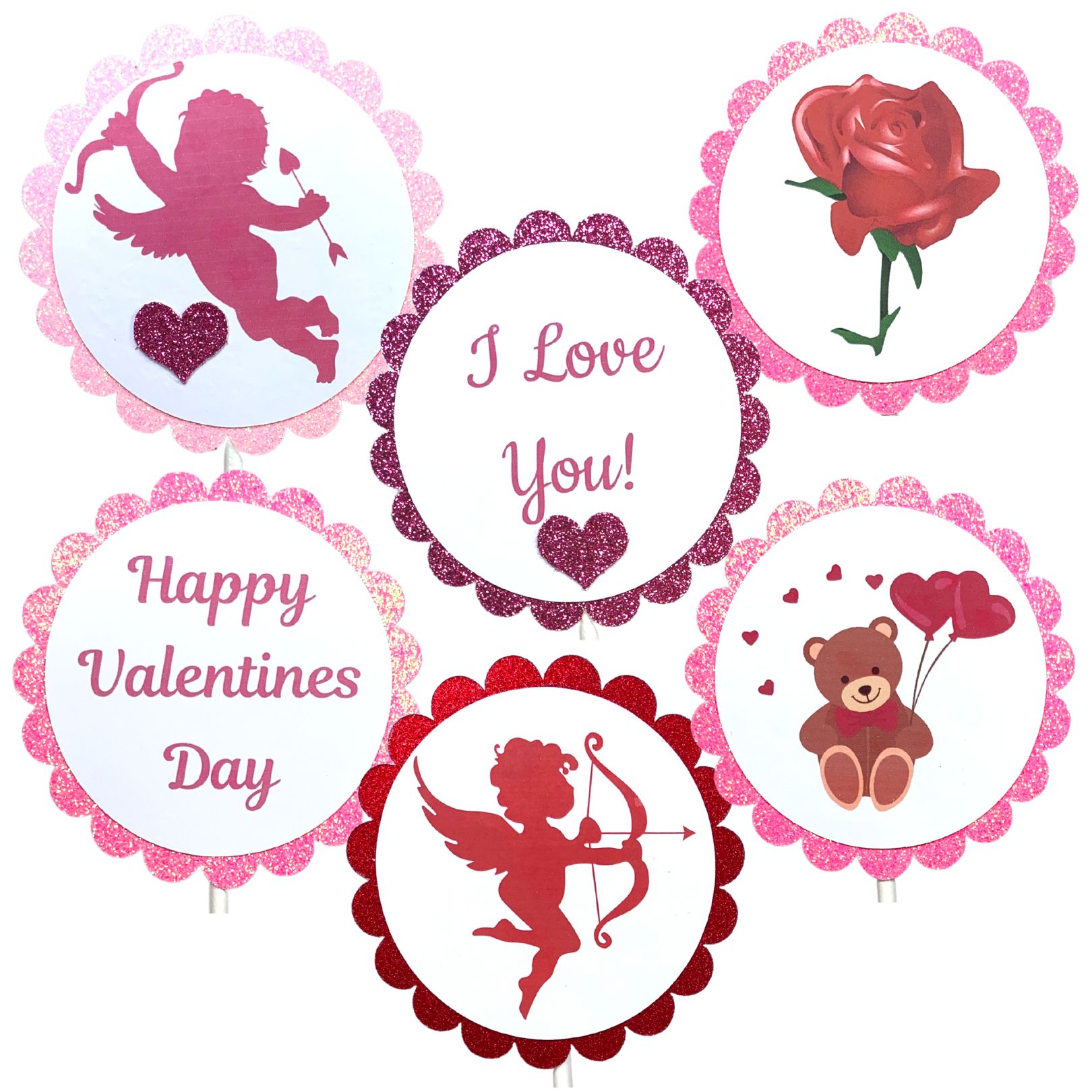 Valentines Day Cupcake Toppers Cupids Bear Balloon Hearts I Love You Set 04