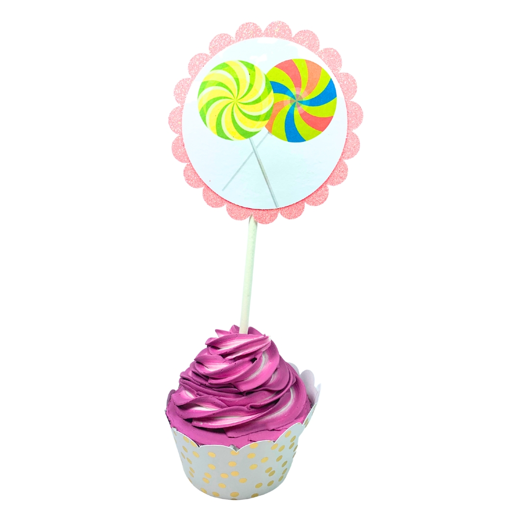 Unicorn & Lollipop Birthday Party Cupcake Toppers – Glitter Rainbow Theme Set 04