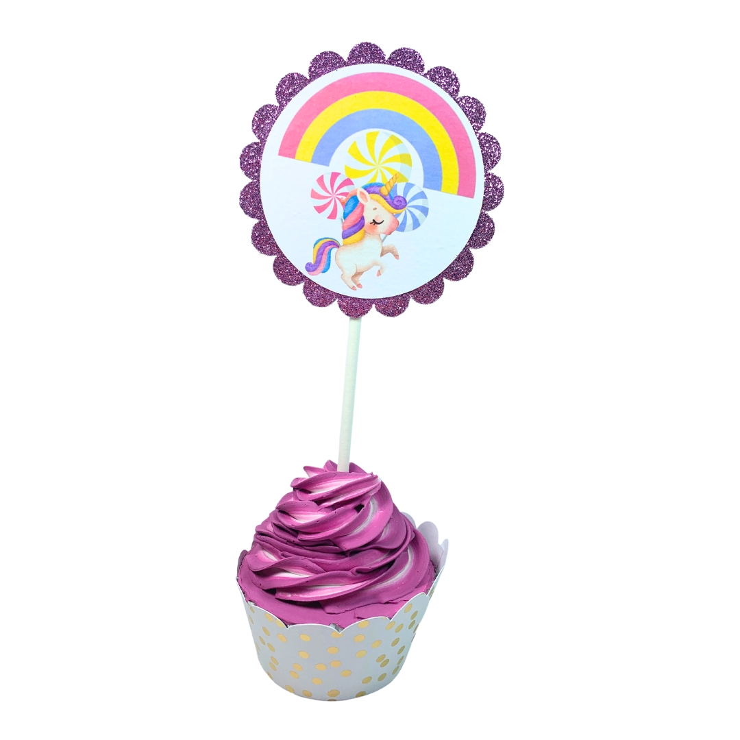 Unicorn & Lollipop Birthday Party Cupcake Toppers – Glitter Rainbow Theme Set 04
