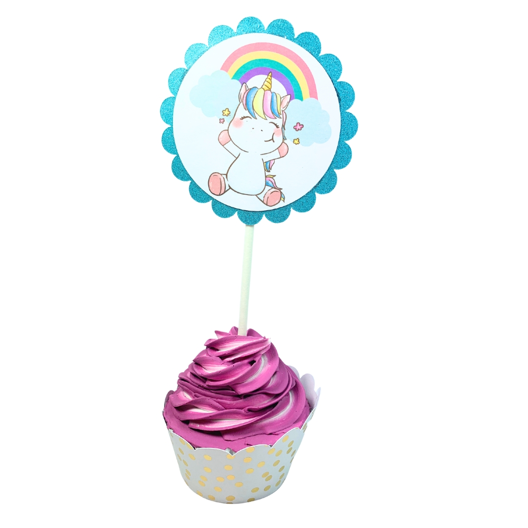 Unicorn & Lollipop Birthday Party Cupcake Toppers – Glitter Rainbow Theme Set 04
