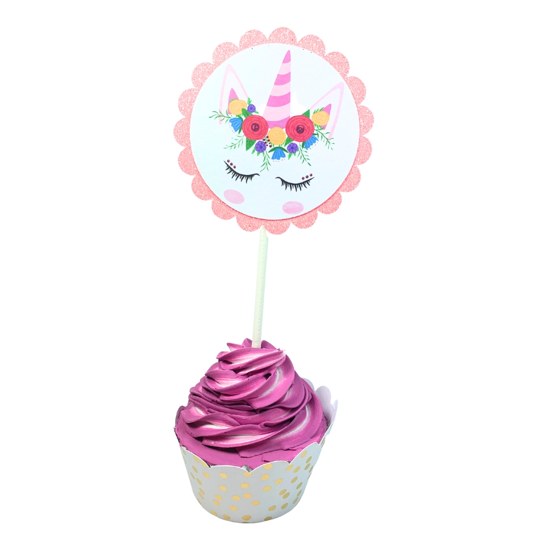 Unicorn & Lollipop Birthday Party Cupcake Toppers – Glitter Rainbow Theme Set 04