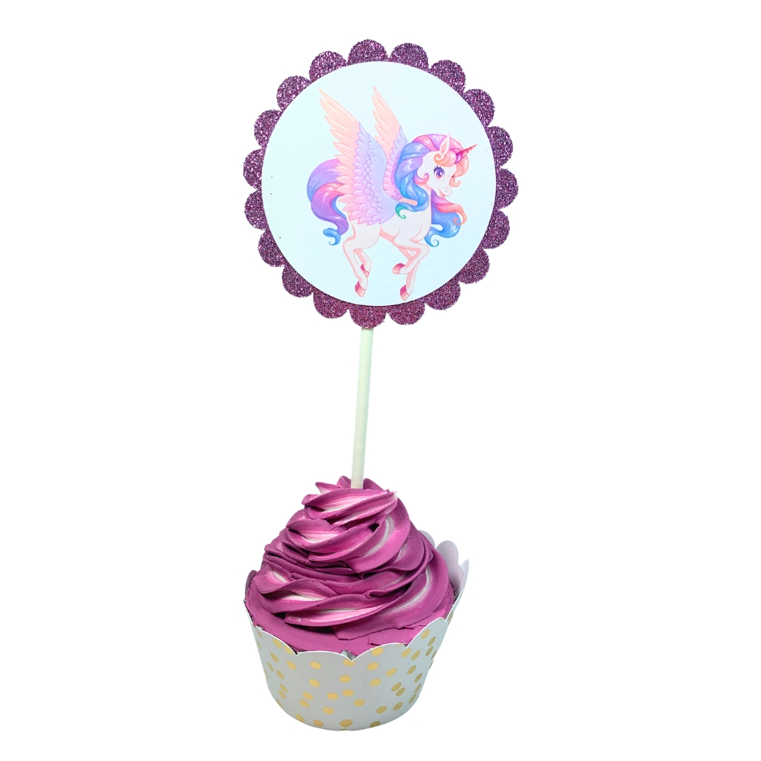 Unicorn & Lollipop Birthday Party Cupcake Toppers – Glitter Rainbow Theme Set 04