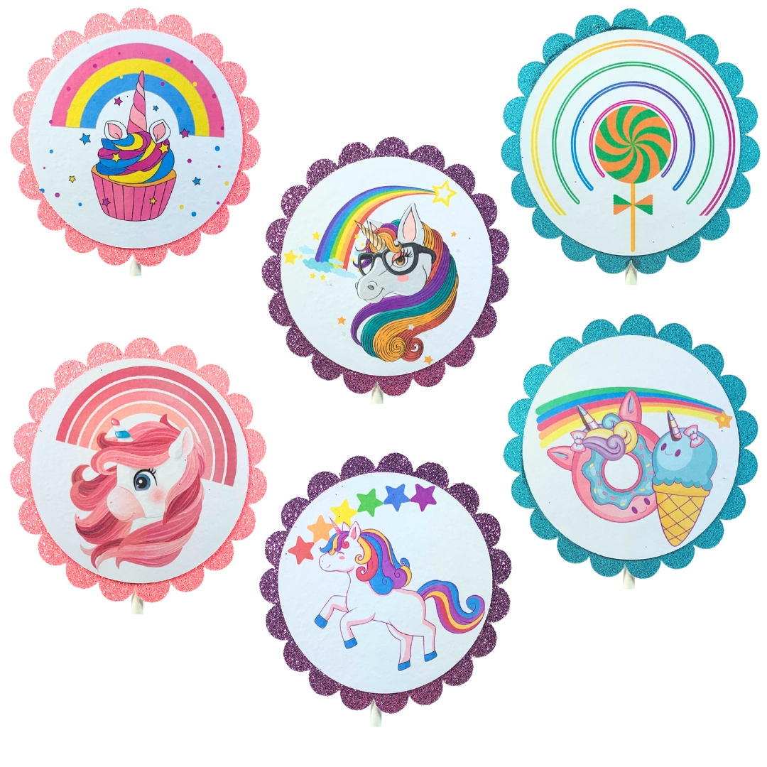 Unicorn & Lollipop Birthday Party Cupcake Toppers – Glitter Rainbow Theme