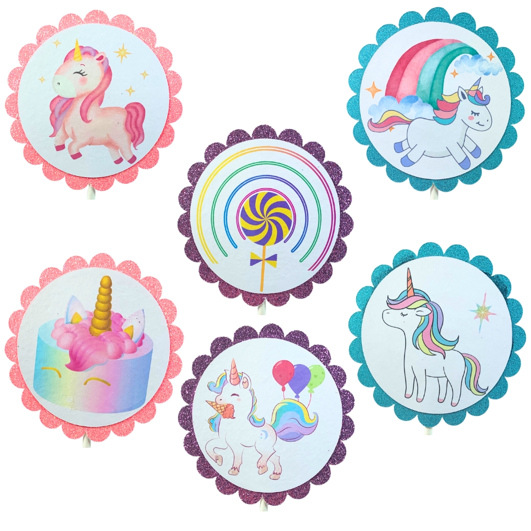 Unicorn & Lollipop Birthday Party Cupcake Toppers – Glitter Rainbow Theme Set 02