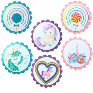 Unicorn & Lollipop Birthday Party Cupcake Toppers – Glitter Rainbow Theme Set 03