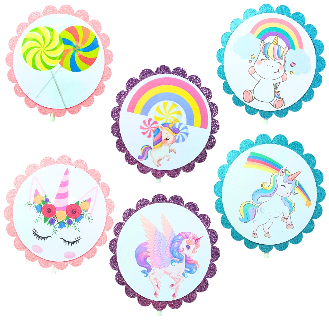 Unicorn & Lollipop Birthday Party Cupcake Toppers – Glitter Rainbow Theme Set 04