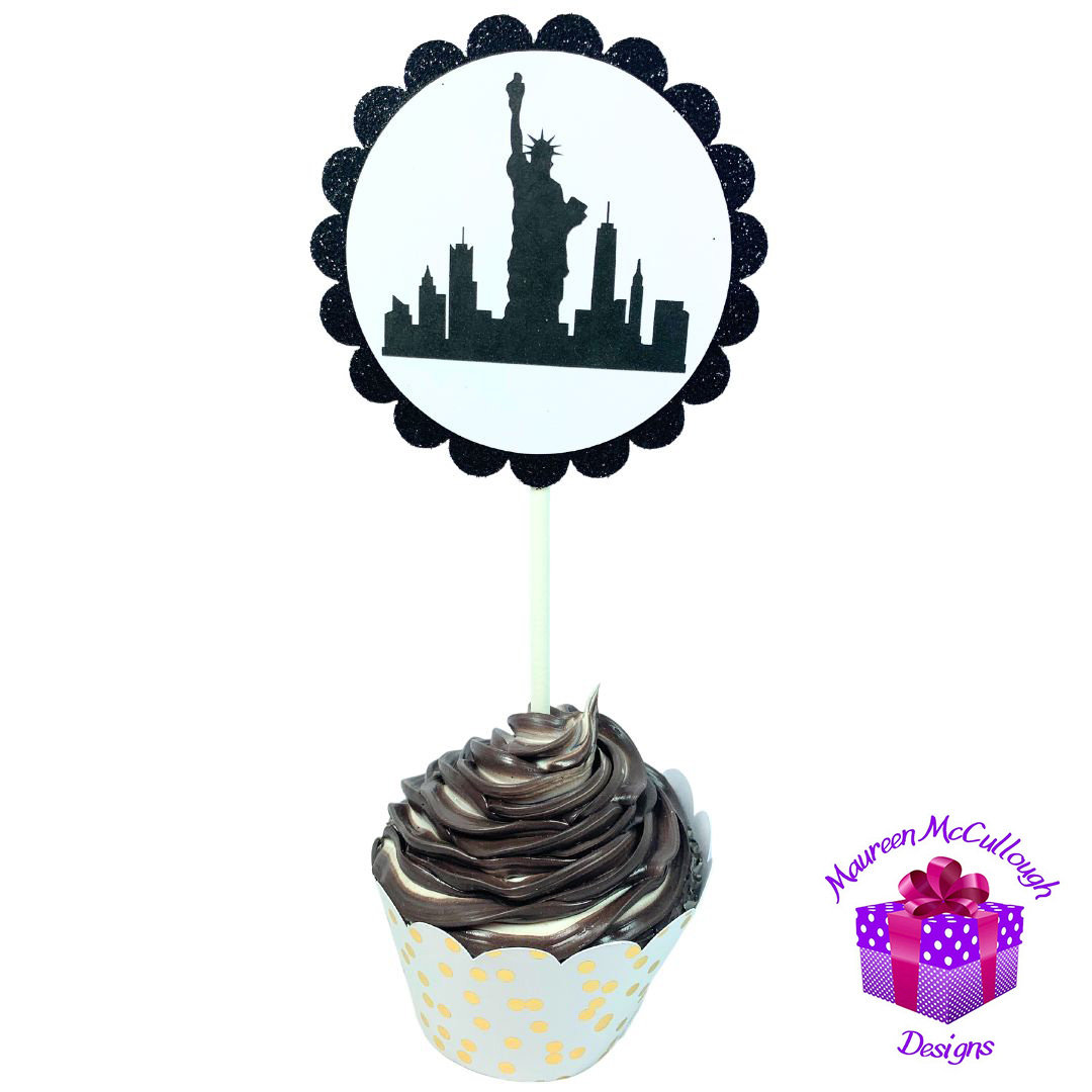 New York City Skyline Glitter Cupcake Toppers – Birthday Party Decorations – Set of 12
