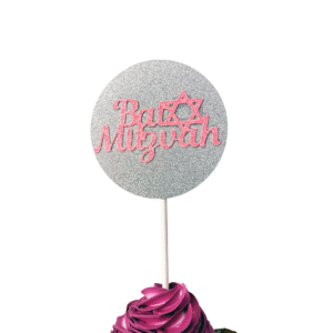 Bat Mitzvah Star of David Cupcake Topper Silver and Pink