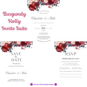 Burgundy Holly Floral Wedding Invitation Suite – Save the Date, Invitation & RSVP – Made to Order