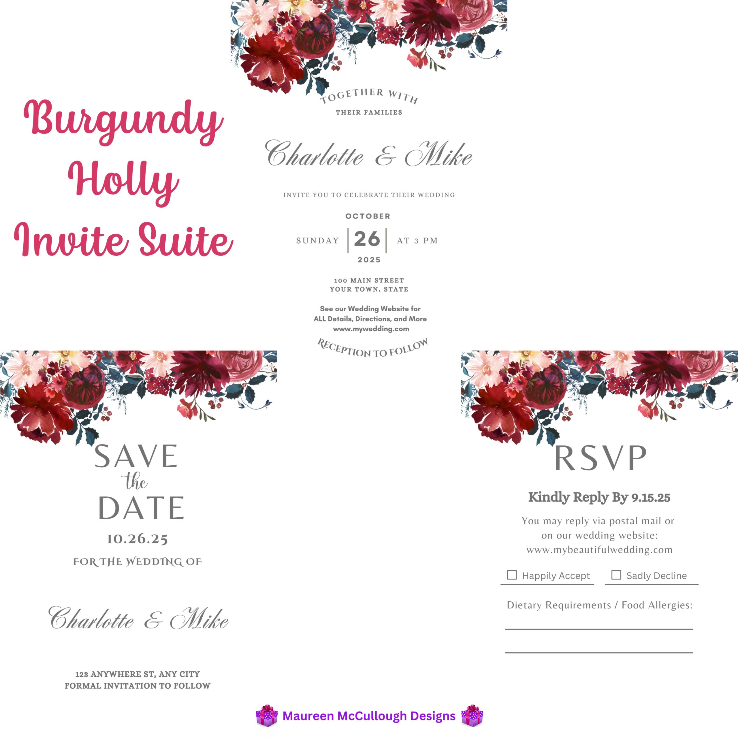 Burgundy Holly Floral Wedding Invitation Suite – Save the Date, Invitation & RSVP – Made to Order