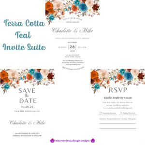 Terra Cotta Teal Floral Wedding Invitation Suite – Save the Date, Invitation & RSVP – Made to Order