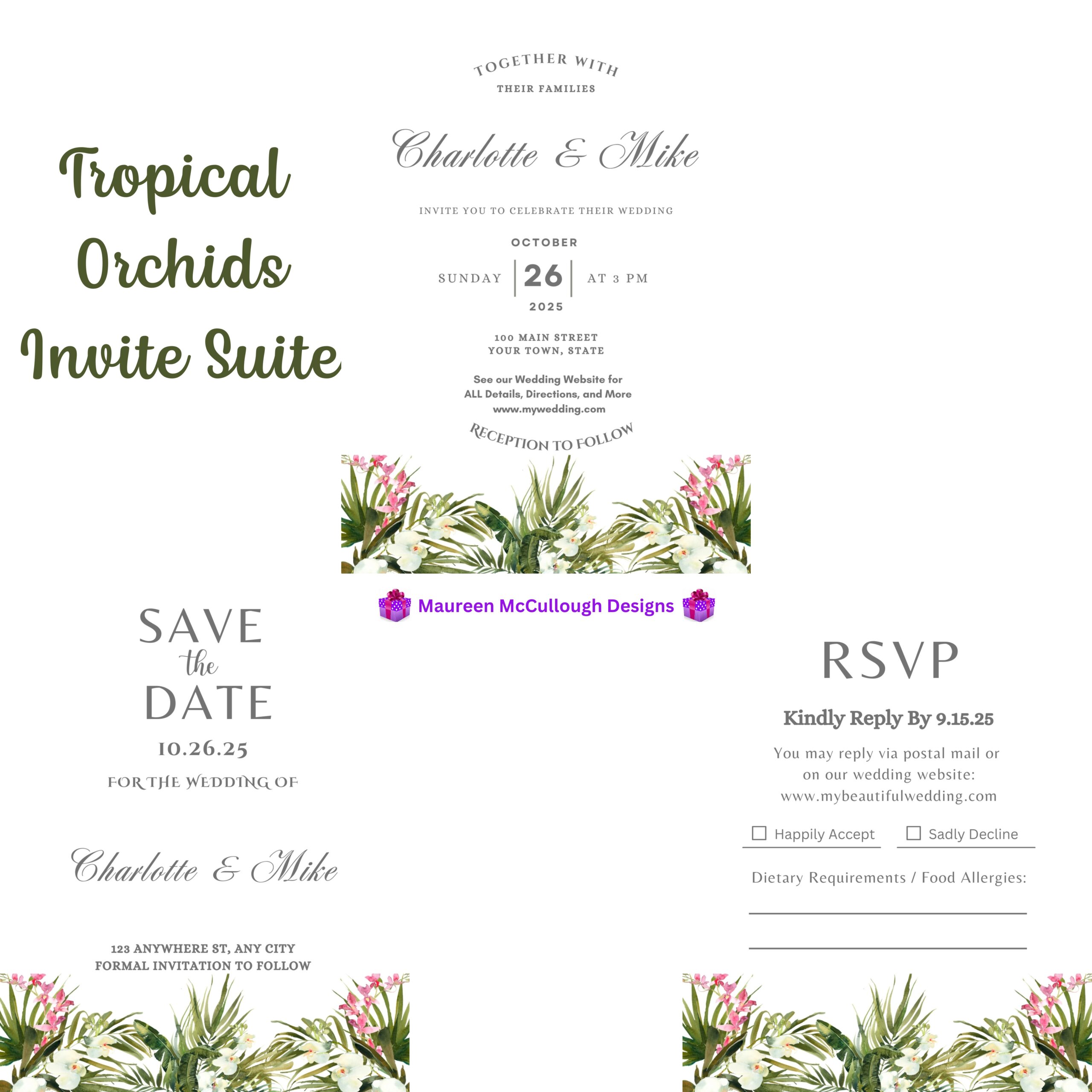 Tropical Orchids Floral Wedding Invitation Suite – Save the Date, Invitation & RSVP – Made to Order