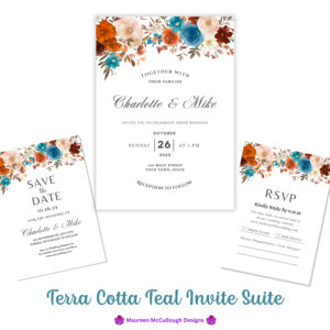 Wedding Invitation Suite RSVP Save the Date Bespoke Watercolor Made to Order | Terra Cotta Teal