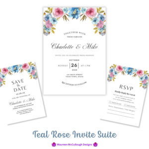 Wedding Invitation Suite RSVP Save the Date Bespoke Watercolor Made to Order | Teal Rose