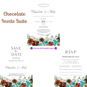 Chocolate Floral Wedding Invitation Suite – Save the Date, Invitation & RSVP – Made to Order