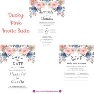 Dusky Pink Floral Wedding Invitation Suite – Save the Date, Invitation & RSVP – Made to Order