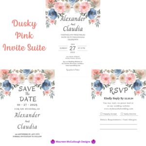 Dusky Pink Floral Wedding Invitation Suite – Save the Date, Invitation & RSVP – Made to Order