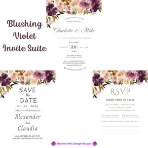 Blushing Violet Floral Wedding Invitation Suite – Save the Date, Invitation & RSVP – Made to Order