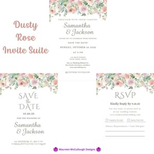 Dusty Rose Floral Wedding Invitation Suite – Save the Date, Invitation & RSVP – Made to Order