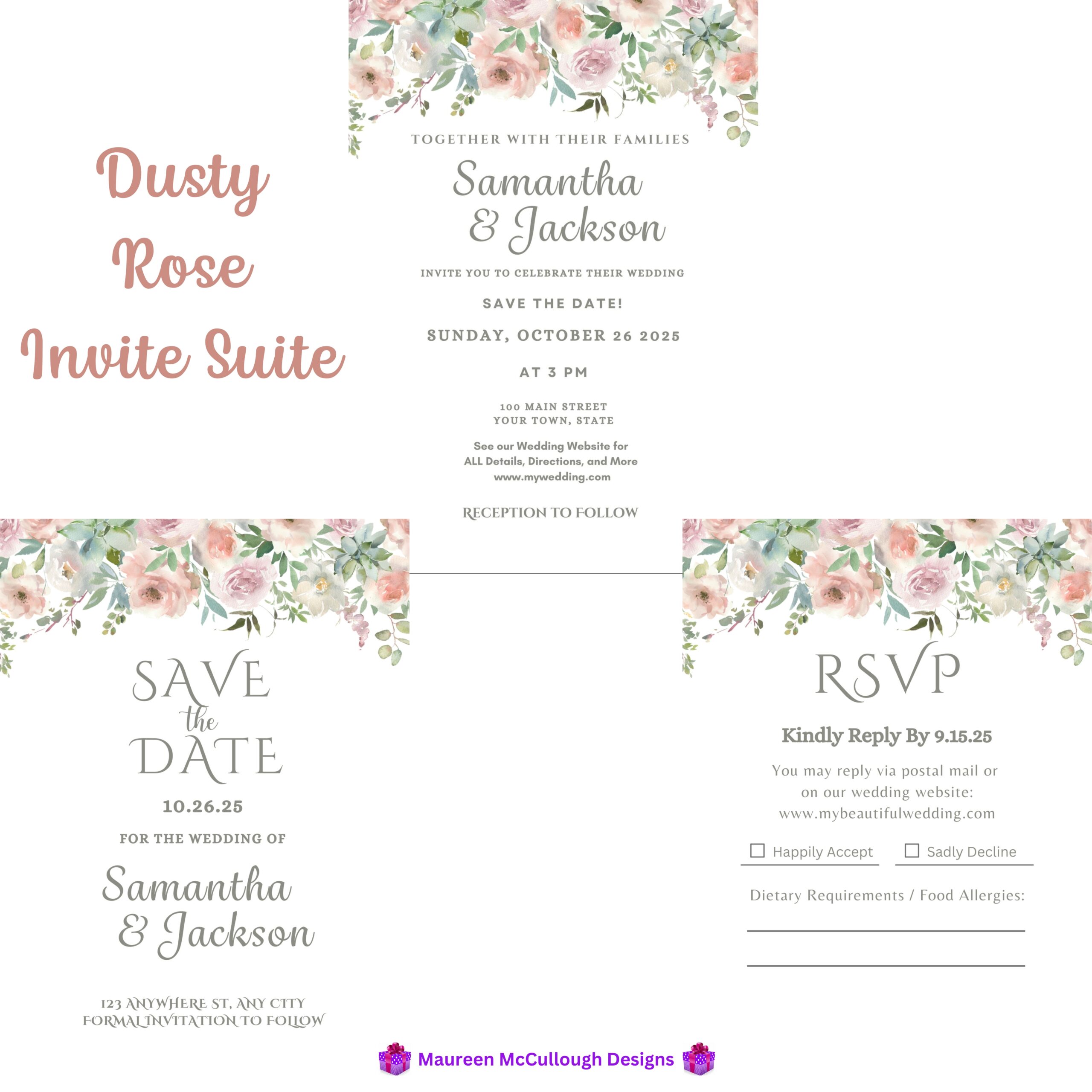 Dusty Rose Floral Wedding Invitation Suite – Save the Date, Invitation & RSVP – Made to Order