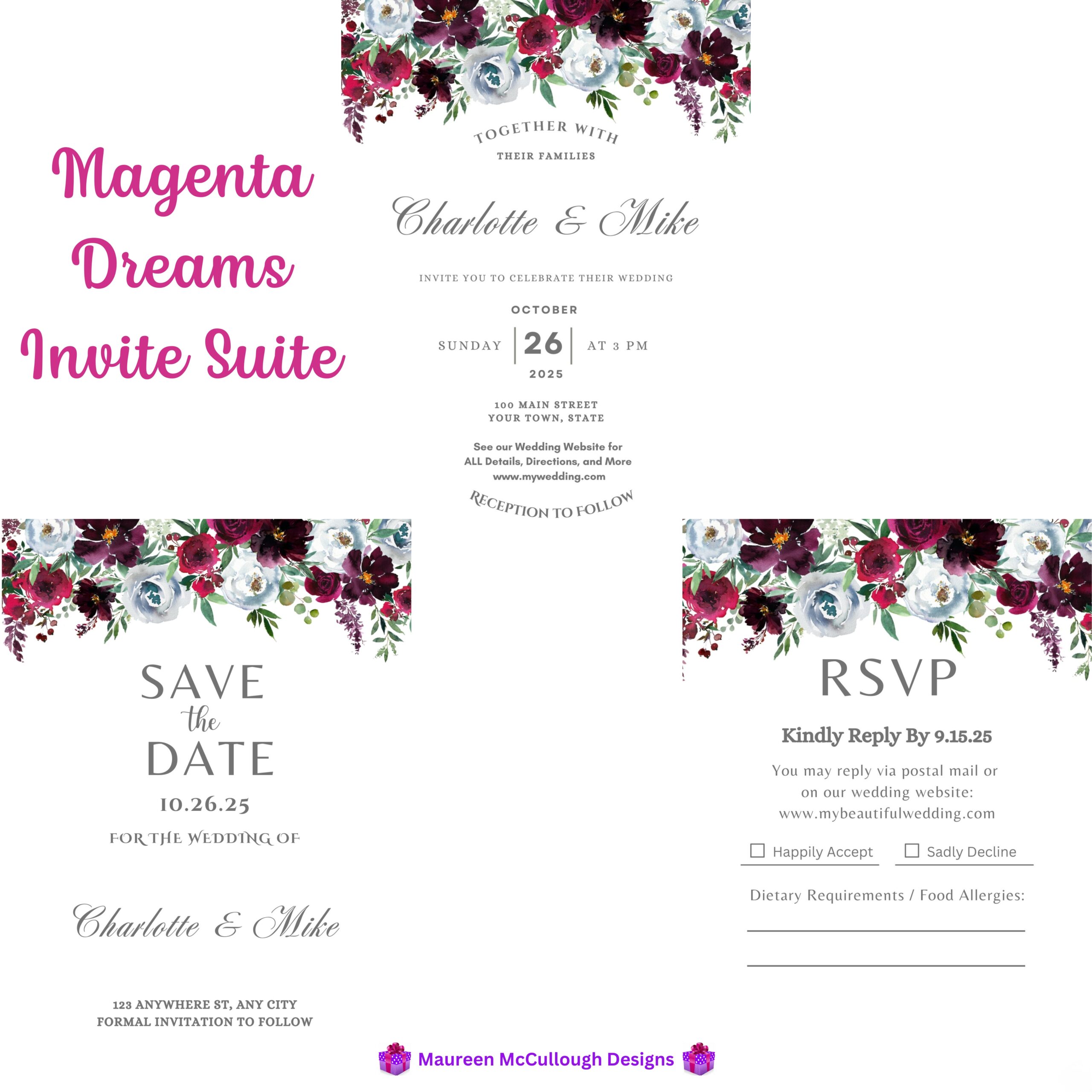 Magenta Dreams Floral Wedding Invitation Suite – Save the Date, Invitation & RSVP – Made to Order