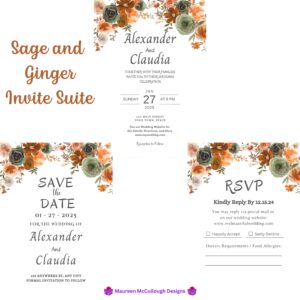 Sage and Ginger Floral Wedding Invitation Suite – Save the Date, Invitation & RSVP – Made to Order